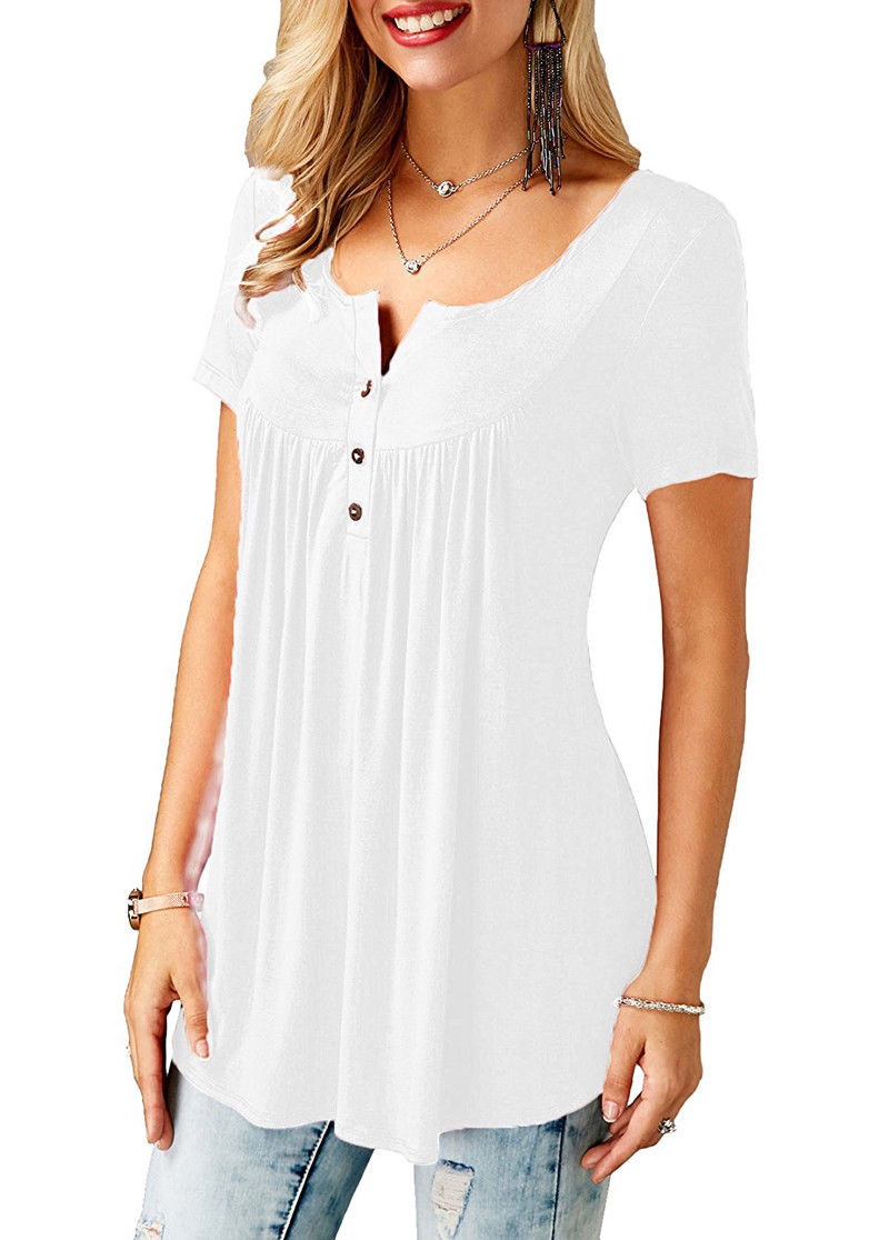 Tunique-pliss-e-manches-courtes-pour-femmes-T-shirt-adt-d-contract-bouton-de-document-solide