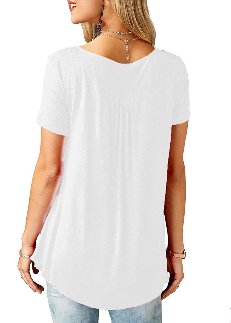 Tunique-pliss-e-manches-courtes-pour-femmes-T-shirt-adt-d-contract-bouton-de-document-solide