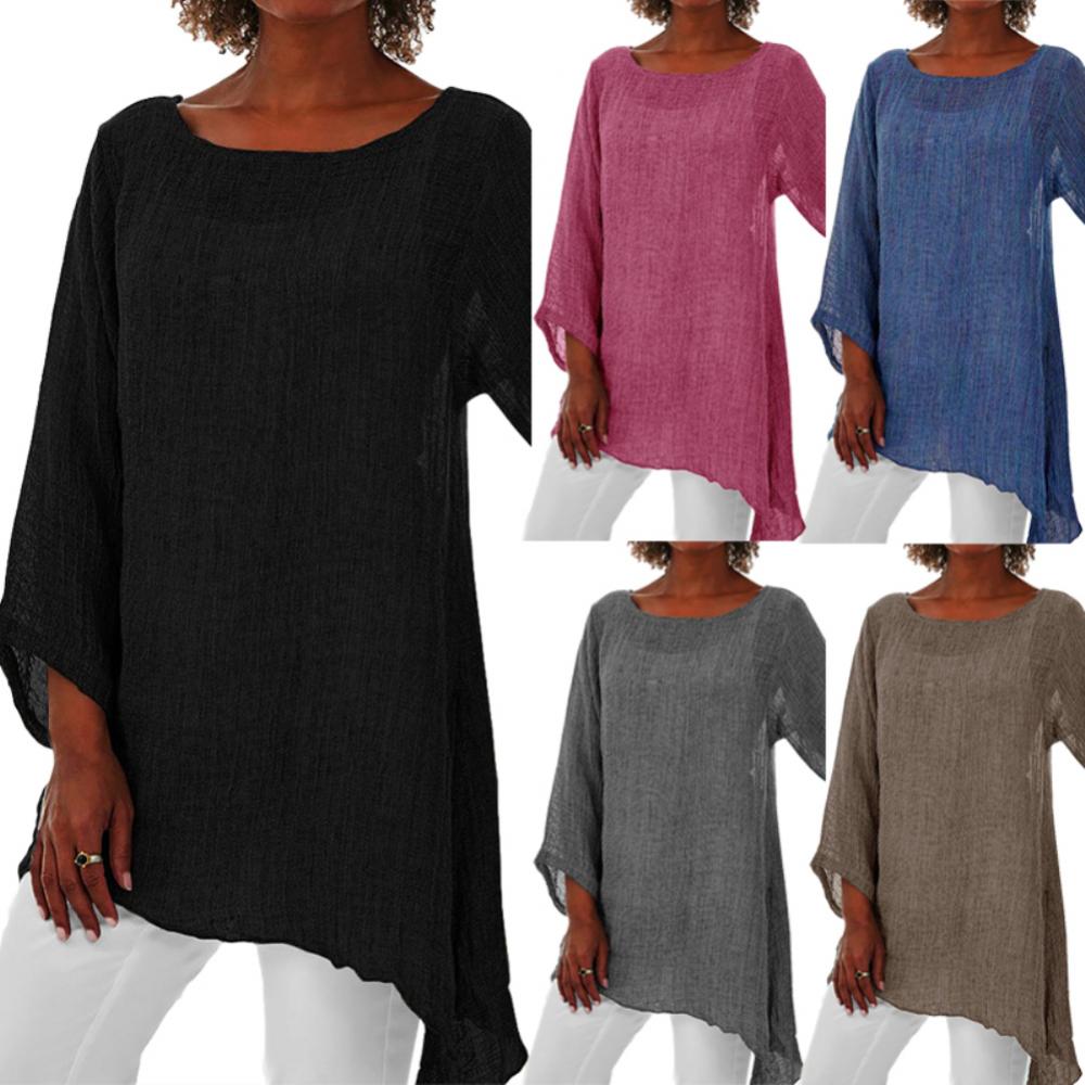 T-shirt-d-contract-en-lin-manches-longues-pour-femmes-tunique-col-rond-haut-irr-gulier
