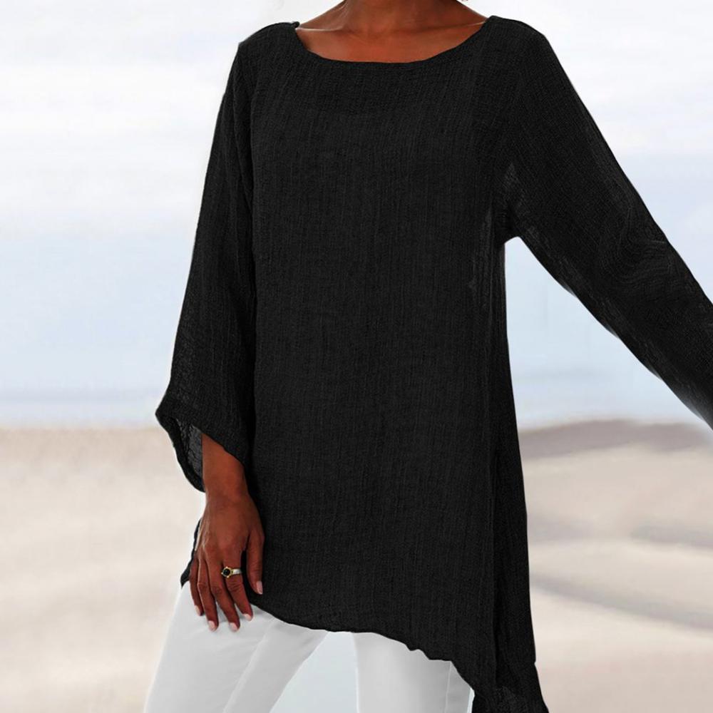 T-shirt-d-contract-en-lin-manches-longues-pour-femmes-tunique-col-rond-haut-irr-gulier
