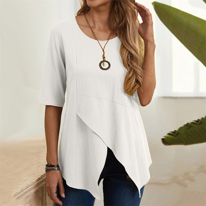Pull-en-lin-de-coton-irr-gulier-pour-femme-tee-shirt-col-rond-coupe-couvertes-demi