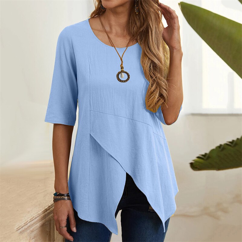 Pull-en-lin-de-coton-irr-gulier-pour-femme-tee-shirt-col-rond-coupe-couvertes-demi