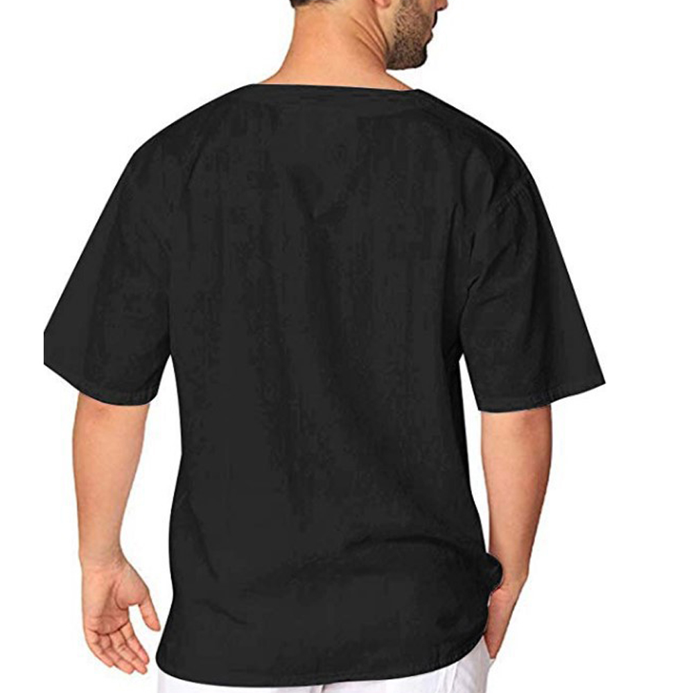 Chemise-en-coton-et-lin-pour-hommes-T-Shirt-manches-courtes-col-en-v-respirant-avec