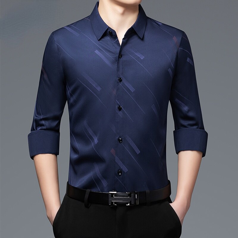 Chemise-lisse-manches-longues-pour-hommes-Streetwear-d-affaires-V-tements-pour-hommes-Revers-mince-Mode
