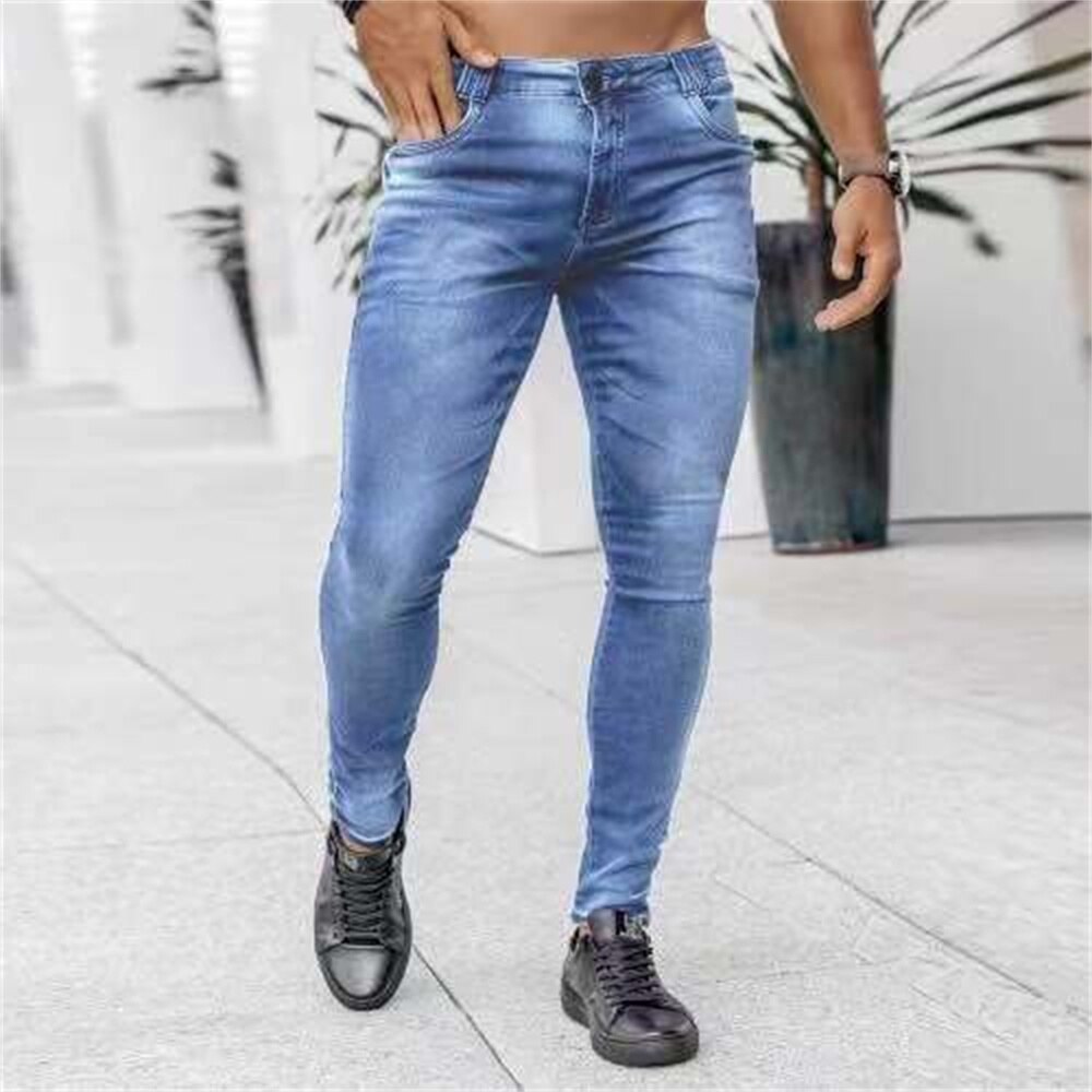 Jean-Slim-en-Denim-pour-Homme-Couleur-Unie-Streetwear-FjBlue-Noir