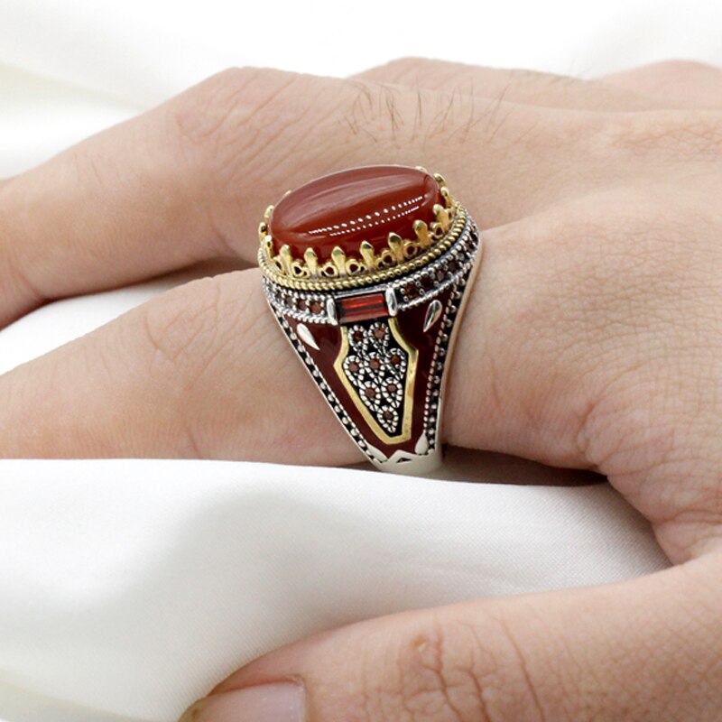 Turquie-bijoux-hommes-bague-avec-Agate-naturelle-rouge-pierre-925-en-argent-Sterling-Vintage-roi-couronne