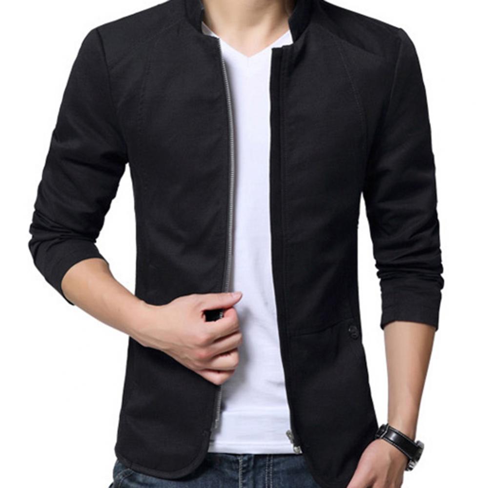 Blazer-d-contract-pour-homme-veste-d-affaires-solide-col-montant-poches-zipp-es-manteau-mince