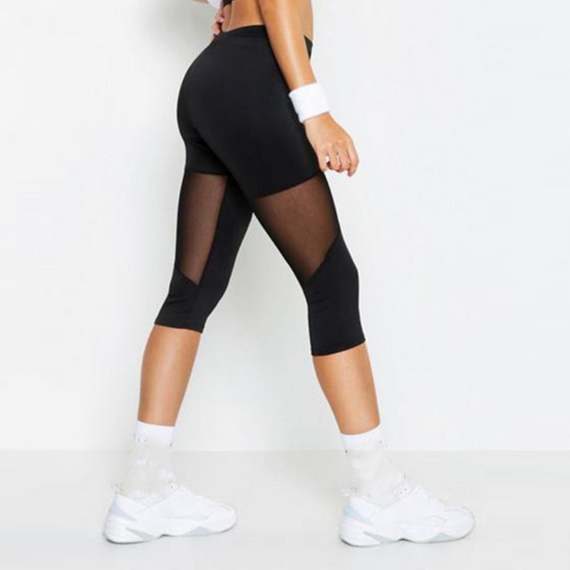 Leggings-en-maille-Patchwork-noir-pour-femmes-pantalon-lastique-Capri-Fitness