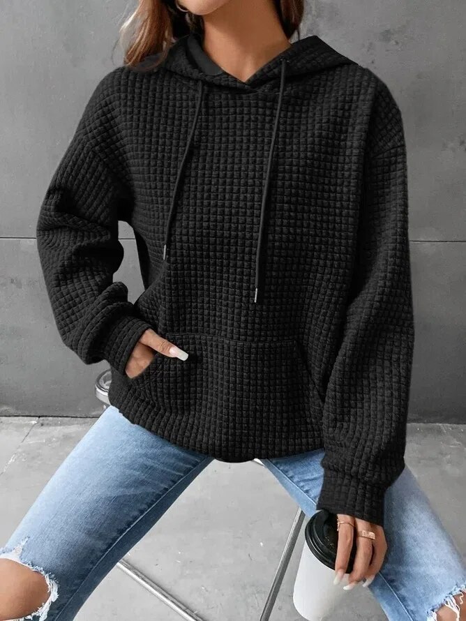 Sweat-shirt-Manches-sulfet-Col-Rond-pour-Femme-V-tement-Capuche-Couleur-Unie-Style-Gaufr-Collection