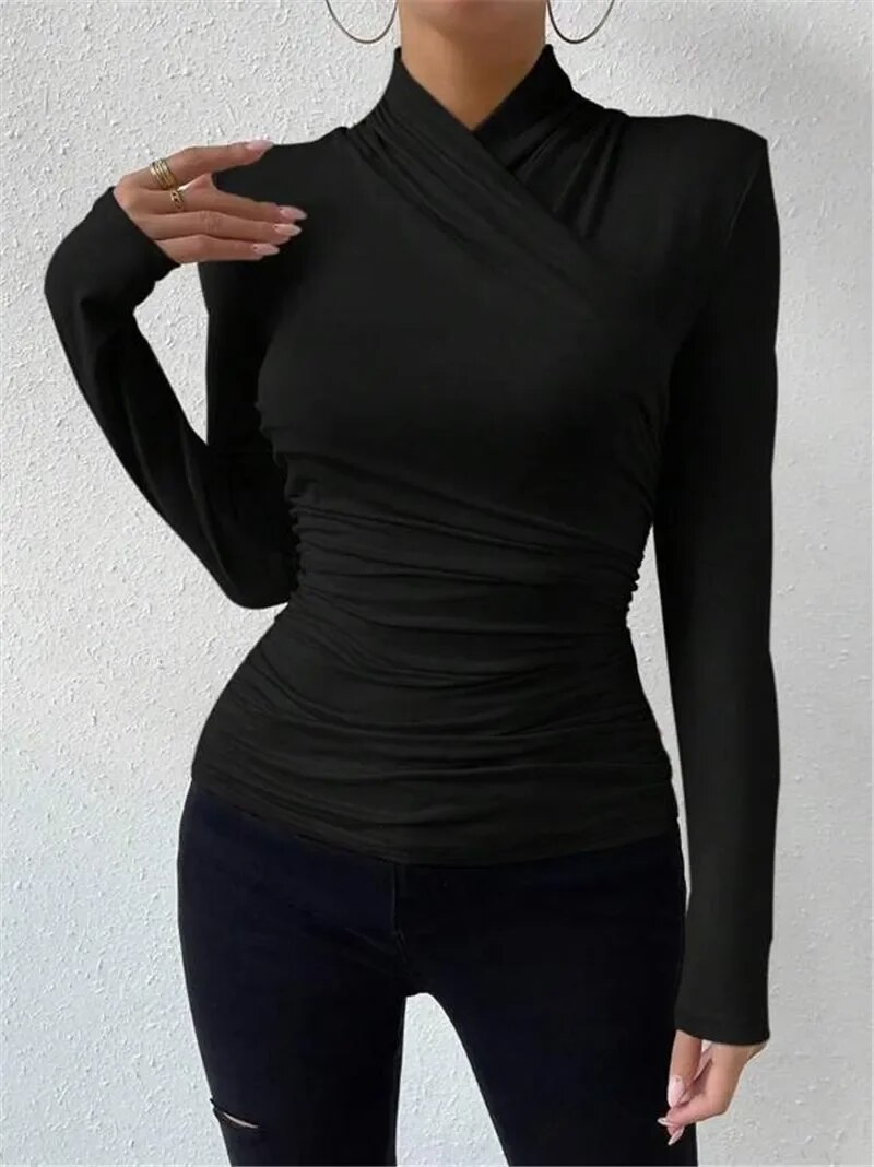 T-shirt-pliss-polyvalent-pour-femme-col-crois-fouet-coupe-couvertes-sexy-ind-pendant-design-tendance