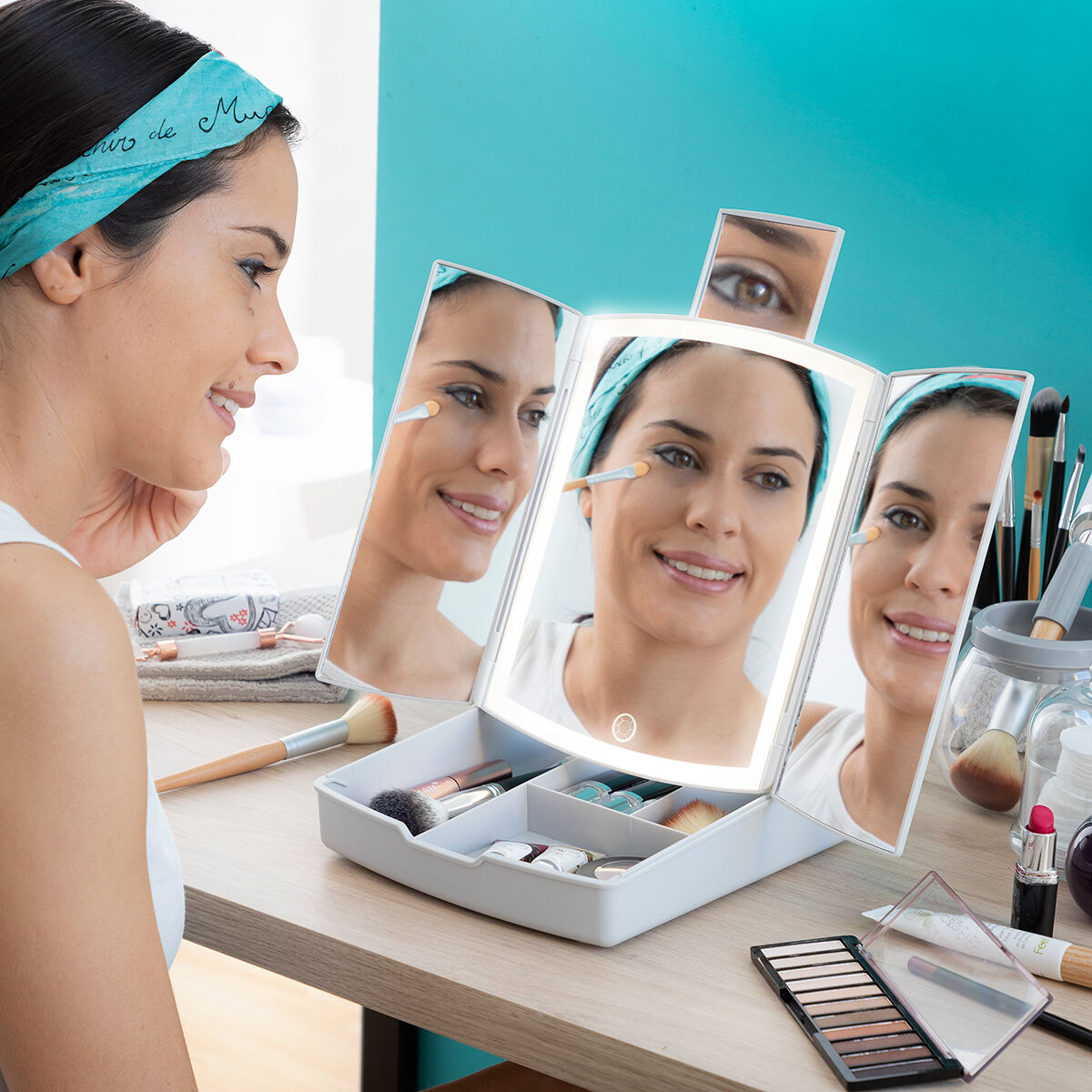 Miroir LED Pliable avec Organiseur de Maquillage