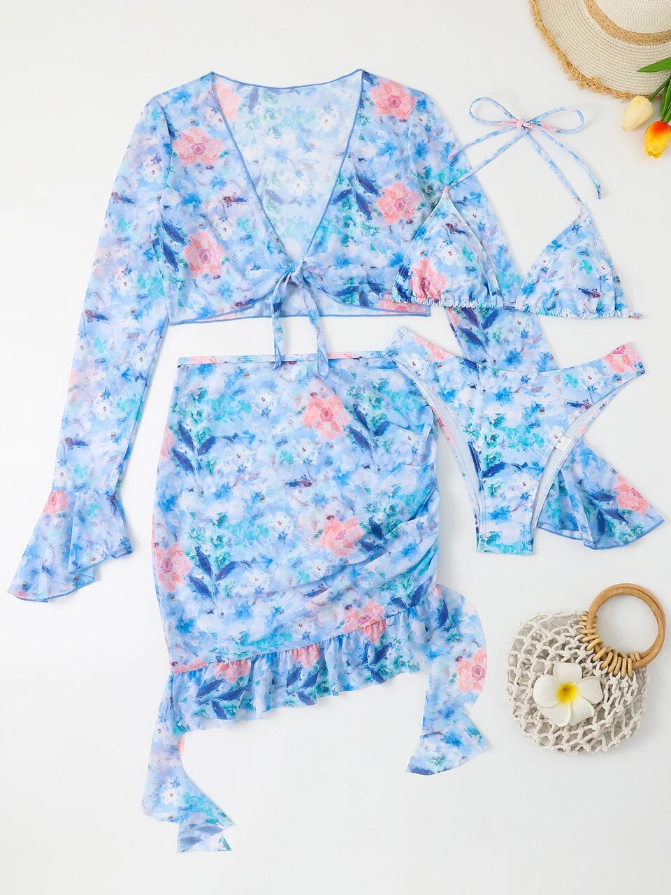 Bikinis-imprim-tie-up-pour-femmes-jupe-de-plage-volants-cover-up-manches-longues-maillots-de