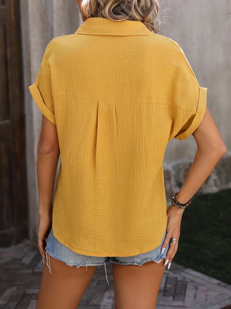 Chemisier-Manches-Courtes-et-Revers-pour-Femme-Chemise-D-contract-e-Couleur-Unie-Mode-d-t
