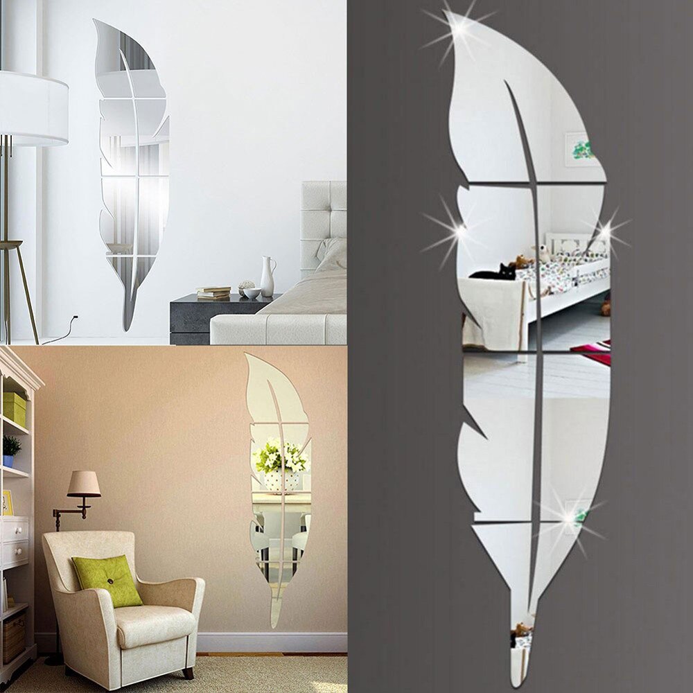 Miroir-plumes-3D-amovible-autocollants-muraux-Art-vinyle-d-coration-de-salle-de-bain-de-bureau