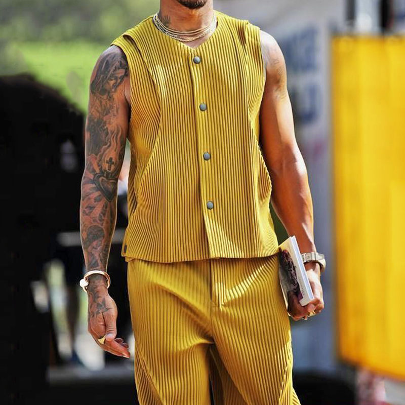 Ensemble-Deux-Pi-ces-pour-Homme-Haut-et-Pantalon-D-contract-s-Couleur-Unie-Bouton-Jaune