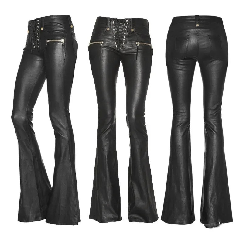 Pantalon en cuir jambes évasées pour femme