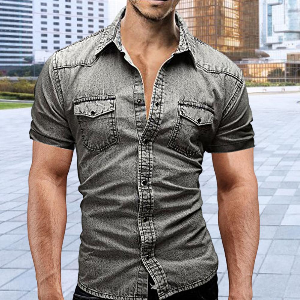 Chemise-en-denim-cousue-fine-pour-hommes-chemise-d-contract-e-classique-chemise-manches-courtes-coupe