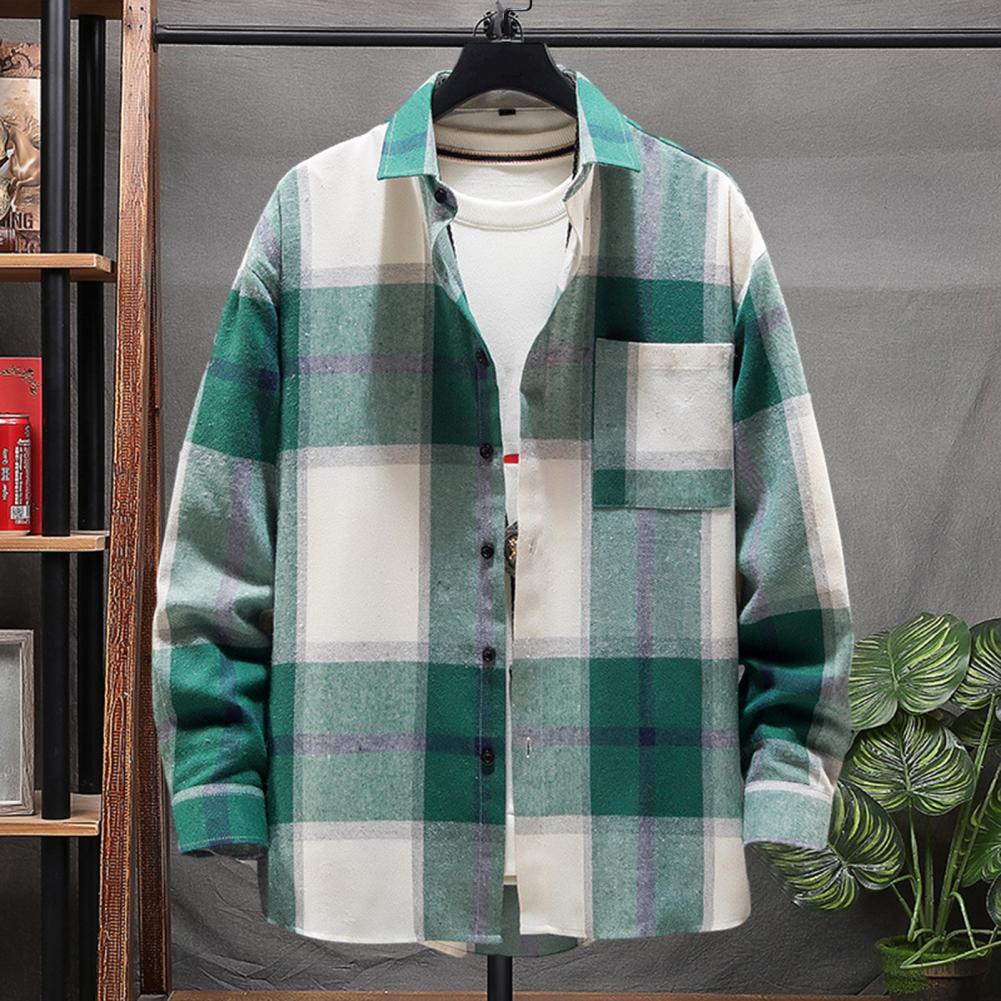 Chemise-Carreaux-Manches-sulfpour-Homme-Manteau-Col-Color-Style-Vintage-Japonais-Cardigan-Automne-et-Printemps