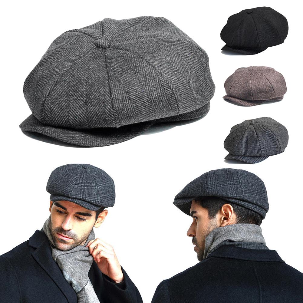 Casquette-de-livreur-en-Tweed-pour-hommes-Vintage-en-laine-noir-gris-Tweed-visi-re-plate