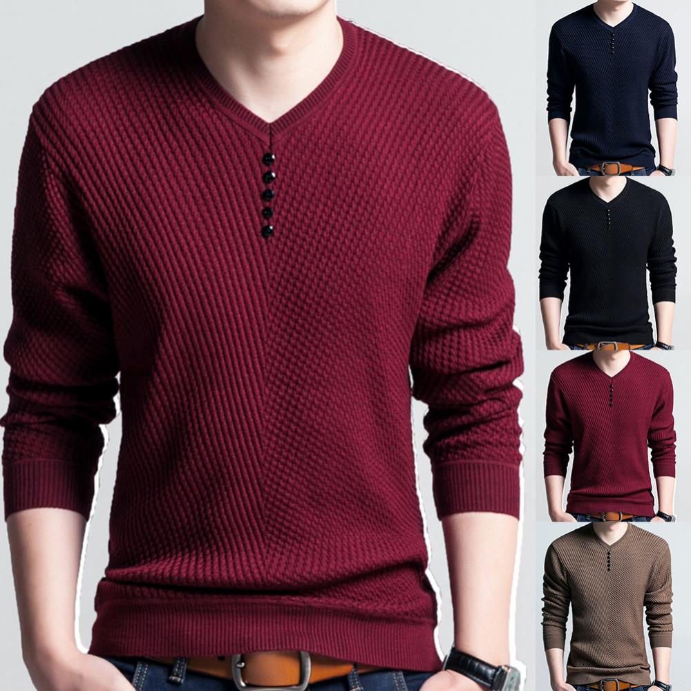 Pull-Chic-pour-homme-couleur-unie-col-en-V-manches-longues-Slim-Fit-tricot-automne-hiver