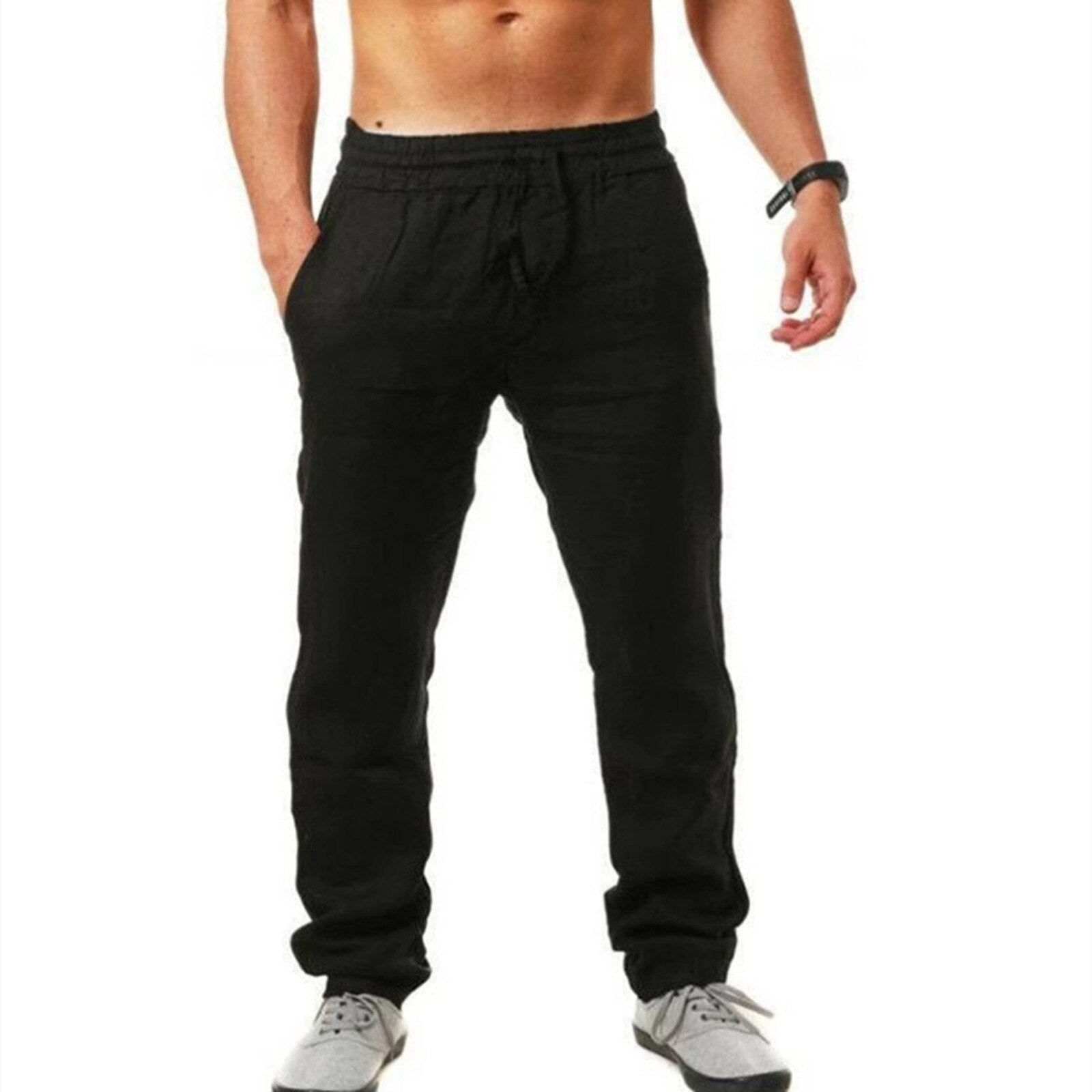 Pantalon-d-t-en-coton-et-lin-pour-homme-couleur-unie-respirant-v-tement-de-Fitness