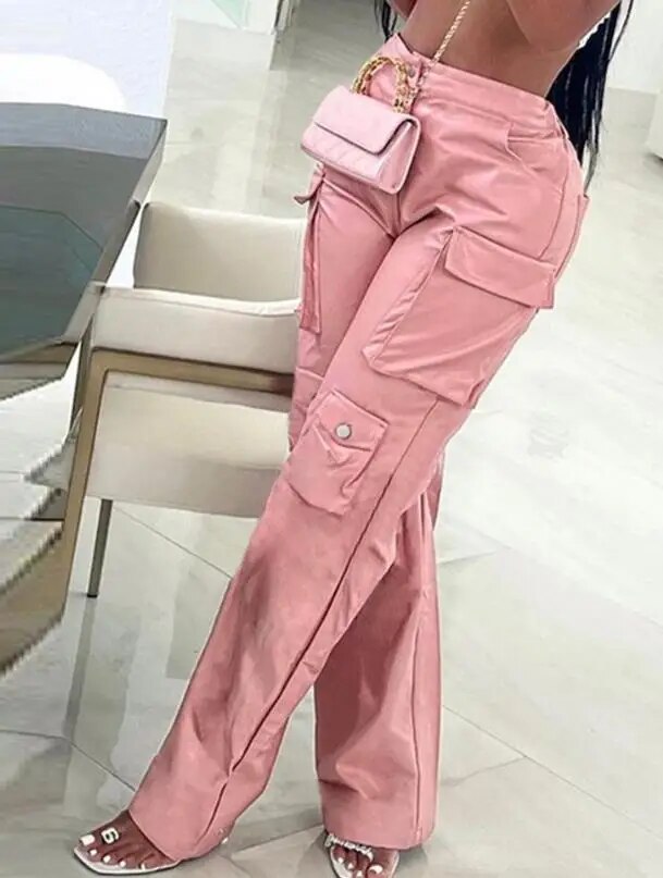 pantalon-cargo-rose-pour-femme-jambe-droite-monochrome-conception-multi-poches-taille-haute-cuir-pu-pantalon