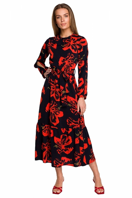 Robe Femme New York Company Taille L – Rouge & Noire, Fleurie, Stretch, Col V, Longueur Genou