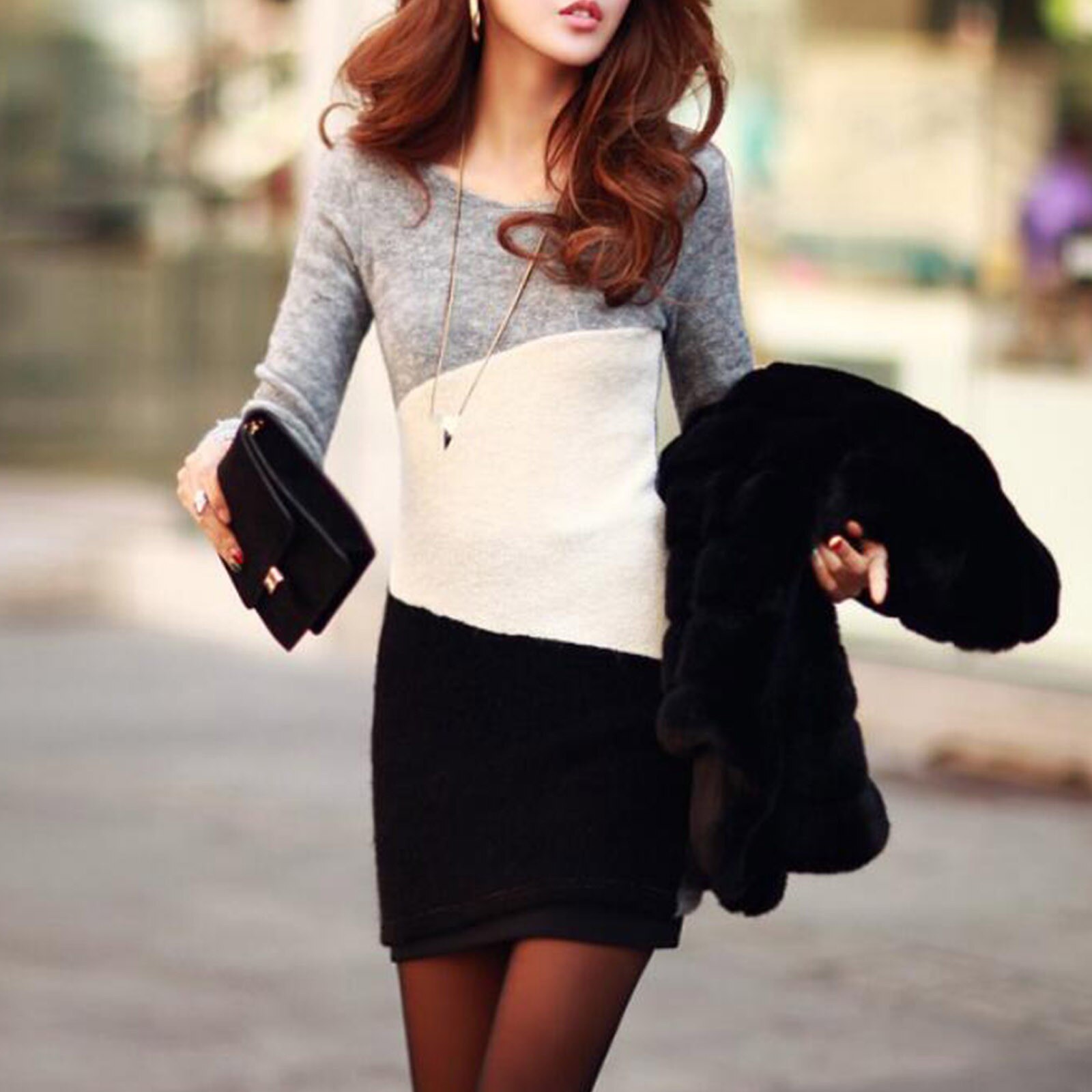 Mini-robe-en-tricot-pour-femmes-tenue-chaude-et-fourr-e-mode-d-contract-e-Patchwork