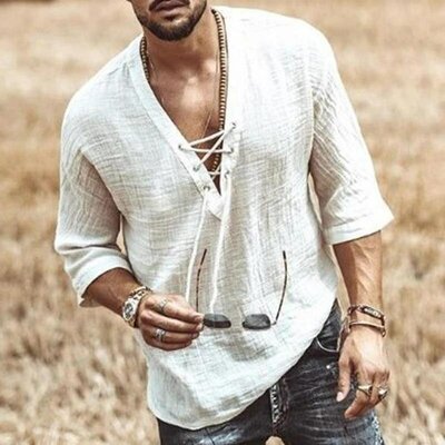 T-shirt-ample-en-coton-et-lin-pour-Homme-demi-manches-col-en-V-mode-t