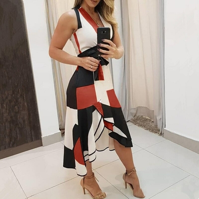 Robe-mi-longue-imprim-g-om-trique-pour-femmes-tunique-sexy-col-en-V-ceinture-de