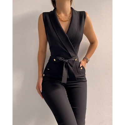 Barboteuse-lacets-col-en-V-pour-femmes-salopette-d-contract-e-mode-sexy-noir-l-gant