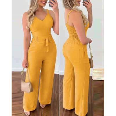 Ensemble-deux-pi-ces-pour-femme-haut-fronc-col-en-V-haut-en-fibre-pantalon-taille