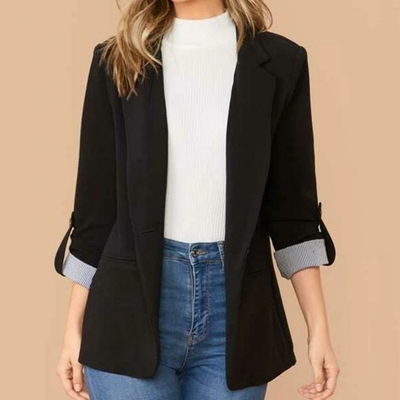 Blazer-Revers-et-Manches-Retrouss-es-pour-Femme-Manteau-Imbib-Ray-Patchwork-Poignets-Bouton-Unique-Solide