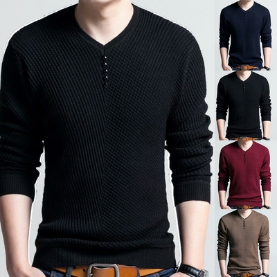Pull-Chic-pour-homme-couleur-unie-col-en-V-manches-longues-Slim-Fit-tricot-automne-hiver