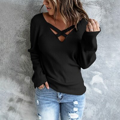 Chandails-ajour-s-pour-femmes-col-en-V-manches-longues-ample-croix-v-tements-pour-femmes