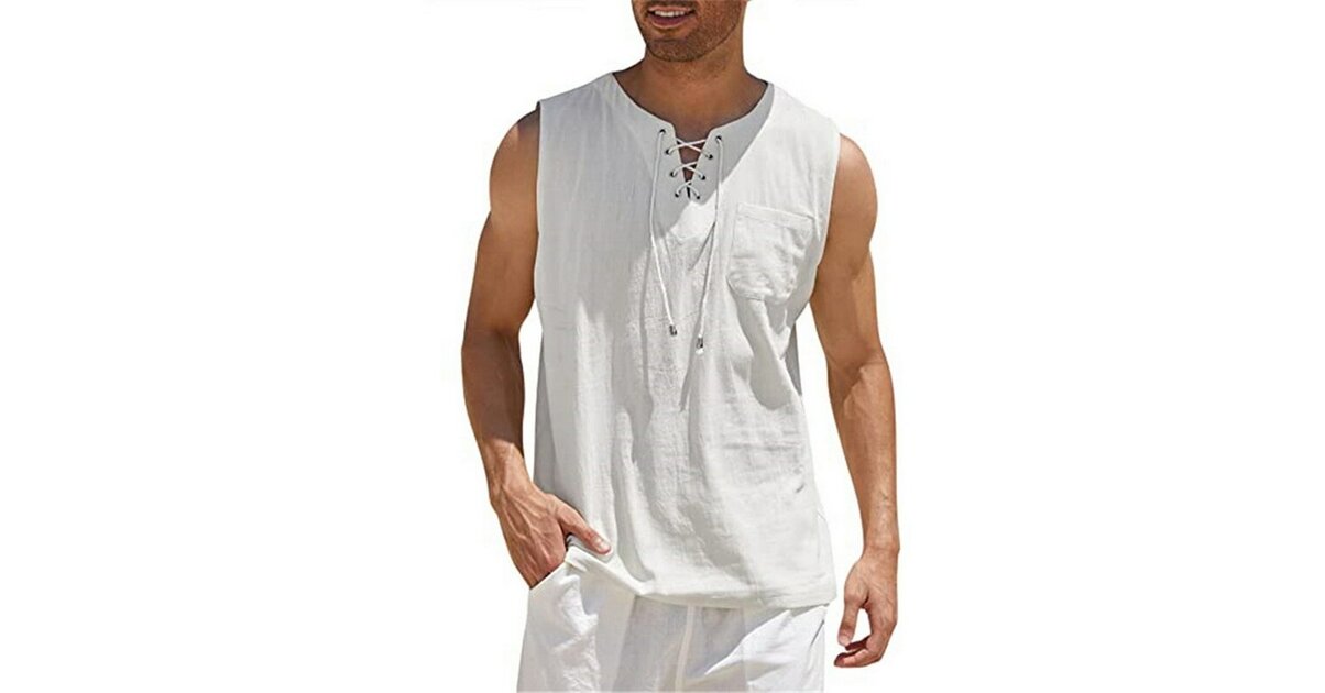 Débardeur Lin Homme Été Bohème - Tunique Sans Manches Lacets Plage Hippie, Style Décontracté Respirant