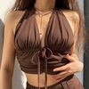 Haut-court-fronc-col-licou-pour-femmes-camisole-marron-Y2K-Harajuku-d-bardeur-dos-nu-mignon