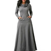 Robe-Maxi-col-roul-pour-femmes-couleur-unie-poches-manches-longues-d-contract-e-soir-e