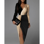 Longue-robe-paillettes-pour-femmes-tenue-Cardigan-bicolore-noire-or-taille-haute-couleur-unie-manches-courtes