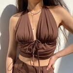 Haut-court-fronc-col-licou-pour-femmes-camisole-marron-Y2K-Harajuku-d-bardeur-dos-nu-mignon