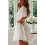 Mini-robe-d-t-fleurs-pour-femmes-tenue-courte-col-rond-manches-courtes-ajour-taille-haute