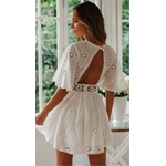 Mini-robe-d-t-fleurs-pour-femmes-tenue-courte-col-rond-manches-courtes-ajour-taille-haute