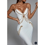 Robe-longue-bandes-fendues-de-haute-qualit-noire-et-blanche-avec-cha-ne-bretelles-Spaghetti-col