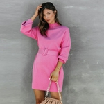 Robe-pull-col-roul-pour-femmes-manches-longues-tricot-e-avec-ceinture-l-gante-rose-Mini