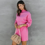 Robe-pull-col-roul-pour-femmes-manches-longues-tricot-e-avec-ceinture-l-gante-rose-Mini
