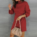Robe-pull-col-roul-pour-femmes-manches-longues-tricot-e-avec-ceinture-l-gante-rose-Mini
