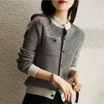 Cardigan-Vintage-manches-longues-et-col-rond-pour-femme-manteau-tricot-rayures-ample-d-contract