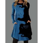 T-shirt-manches-longues-pour-femmes-ample-et-d-contract-imprim-chat-noir-couleurs-assorties-poches