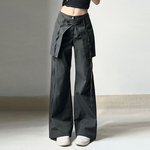 Salopette-R-tro-Y2K-pour-Femme-Pantalon-Jambes-Larges-Taille-Moyenne-Confortable-Noir-Solide-Document-Vintage