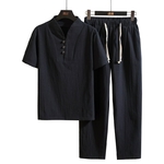 2023-t-hommes-coton-et-lin-manches-courtes-T-Shirt-rin-age-longueur-pantalon-ensemble-solide